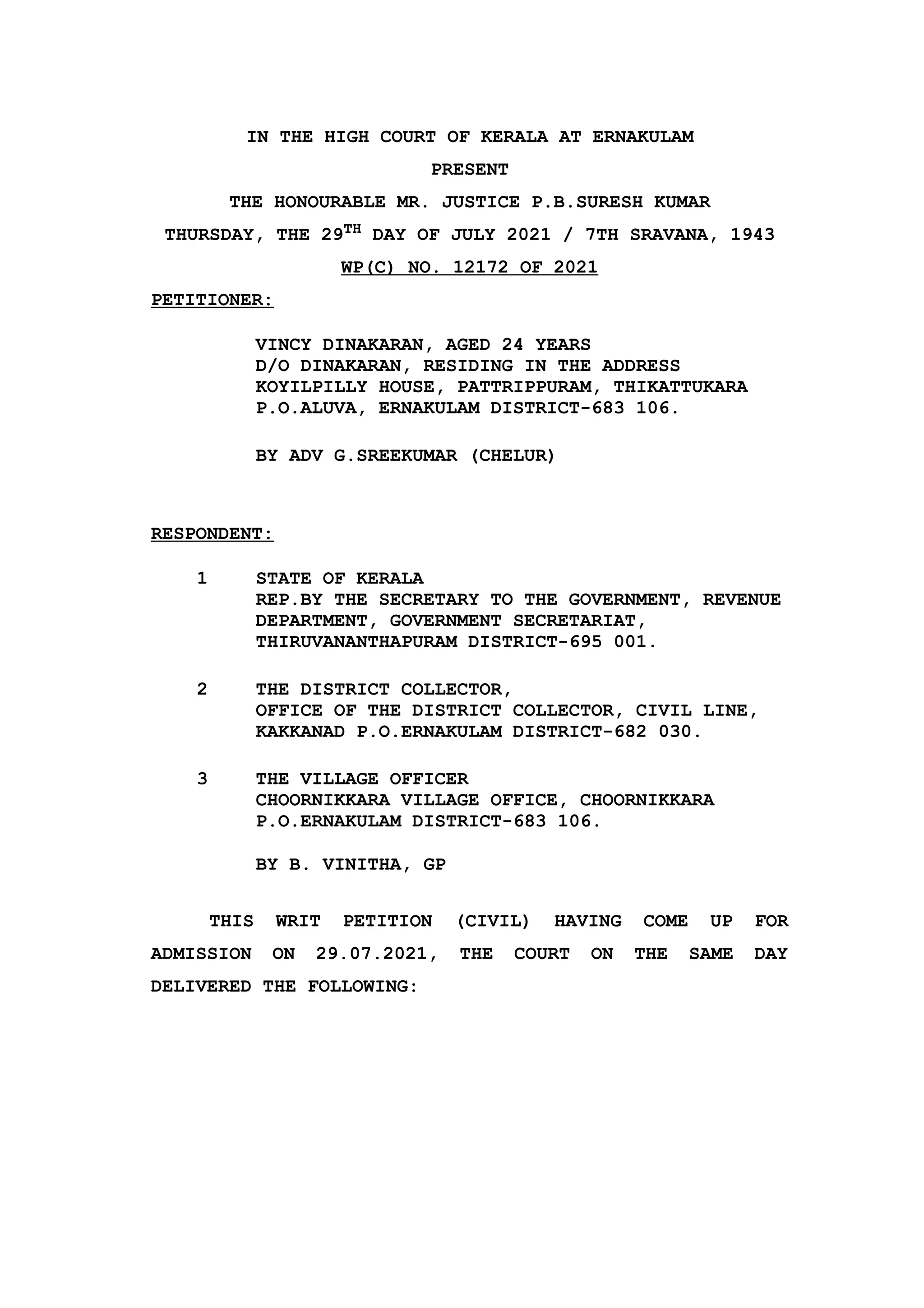 Kerala nativity certificate criteria for issue High Court Judgement
