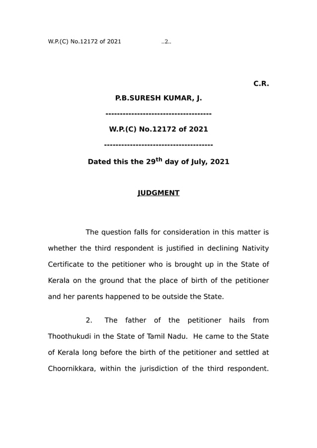 Kerala nativity certificate criteria for issue High Court Judgement