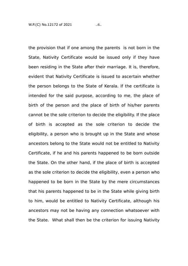 Kerala nativity certificate criteria for issue High Court Judgement uploaded by James Joseph