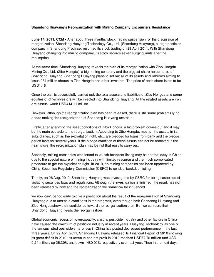 Shandong Huayang S Reorganization With Mining Company Encounters Resi