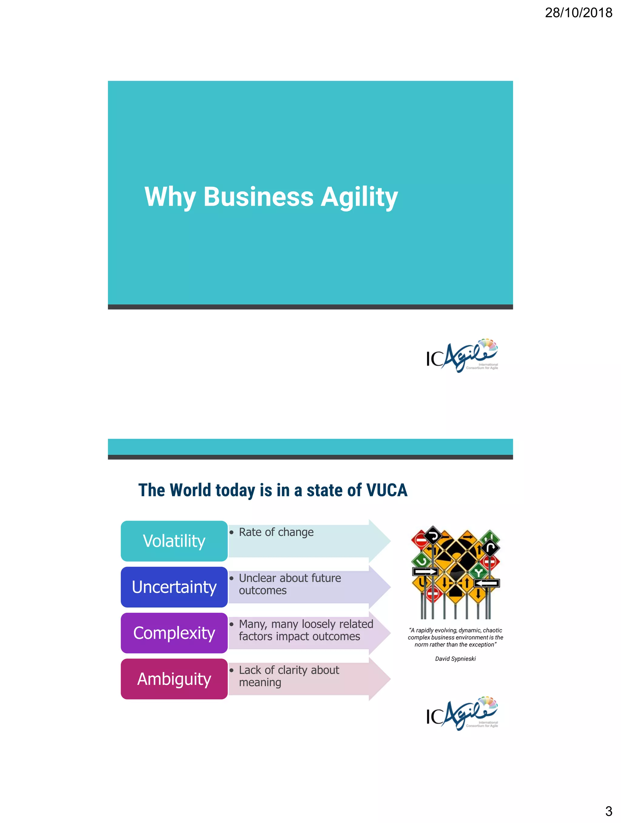 28/10/2018
3
Why Business Agility
The World today is in a state of VUCA
“A rapidly evolving, dynamic, chaotic
complex business environment is the
norm rather than the exception”
David Sypnieski
• Rate of change
Volatility
• Unclear about future
outcomesUncertainty
• Many, many loosely related
factors impact outcomesComplexity
• Lack of clarity about
meaningAmbiguity
 