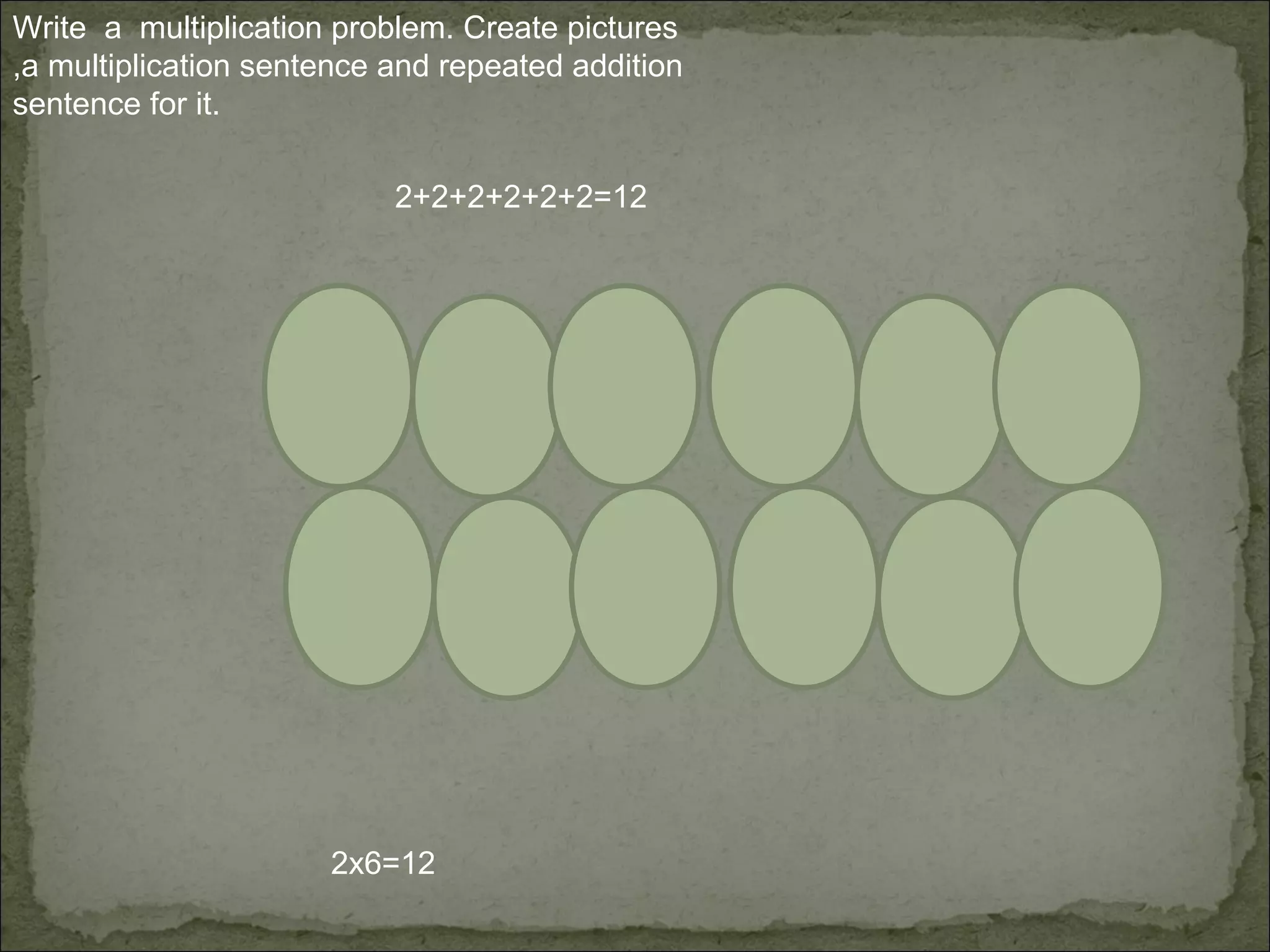 Write a multiplication problem. Create pictures
,a multiplication sentence and repeated addition
sentence for it.

                           2+2+2+2+2+2=12




                      2x6=12
 