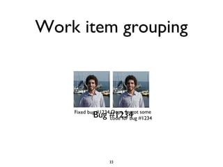 Work item grouping
Bug #1234
33
Fixed bug #1234 Oops, forgot some
code for bug #1234
 