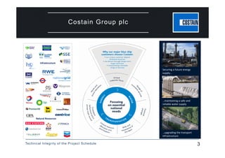 Technical Integrity of the Project Schedule 3
Costain Group plc
Securing a future energy 
supply…
…maintaining a safe and 
reliable water supply
…upgrading the transport 
infrastructure
Infrastructure
Natural Resources
 