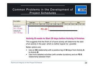 Technical Integrity of the Project Schedule 34
Common Problems in the Development of
Project Schedules
 
Activity B needs to Start 20 days before Activity A finishes
Dur = 50 days
Dur = 40 days
This suggests that the finish of a future activity will determine the start
of an activity in the past which is neither logical nor possible
Better options are
 Use an SS relationship with a positive lag of 30 days from Activity A
to Activity B
 Use more detailed activities (with smaller durations) and an FS 0
relationship between them
 