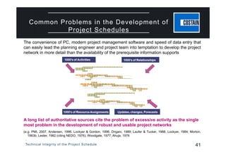 Technical Integrity of the Project Schedule 41
The convenience of PC, modern project management software and speed of data entry that
can easily lead the planning engineer and project team into temptation to develop the project
network in more detail than the availability of the prerequisite information supports
A long list of authoritative sources cite the problem of excessive activity as the single
most problem in the development of robust and usable project networks
(e.g. PMI, 2007, Andersen, 1996; Lockyer & Gordon, 1996; Drigani, 1989; Laufer & Tucker, 1988; Lockyer, 1984; Morton,
1983b; Lester, 1982 (citing NEDO, 1976); Woodgate, 1977; Ahuja, 1976
Common Problems in the Development of
Project Schedules
 