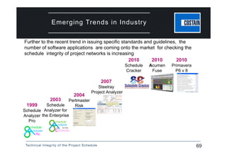 Technical Integrity of the Project Schedule 69
Emerging Trends in Industry
Further to the recent trend in issuing specific standards and guidelines, the
number of software applications are coming onto the market for checking the
schedule integrity of project networks is increasing
2007
Steelray
Project Analyzer
2010
Acumen
Fuse
2004
Pertmaster
Risk
2003
Schedule
Analyzer for
the Enterprise
2010
Primavera
P6 v 8
2010
Schedule
Cracker
1999
Schedule
Analyzer
Pro
 