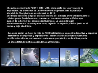 El equipo denominado PLOT = BIG + JDS, compuesto por una veintena de arquitectos, es el creador de una innovadora propuesta para Exposición Mundial de Shanghai que se celebrará en 2010. El edificio tiene una singular silueta en forma del símbolo chino utilizado para la palabra gente. Se define como la unión en las alturas de dos edificios que surgen de la tierra y del agua respectivamente. La unión da lugar simultaneamente a un arco y una torre, dejando un espacio público justo en el centro y bajo el edificio. Sus usos serían un hotel de más de 1000 habitaciones, un centro deportivo y espacios destinados a congresos y exposiciones. Tendría varios skylobbys repartidos  en diferentes alturas, así como un restaurante panorámico en la última planta. La altura total del edificio ascendería a 200 metros.   