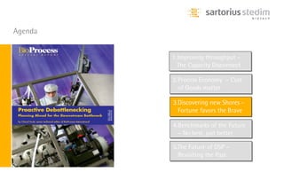Agenda


         1.Improving throughput –
         1.Improving throughput –
           The Capacity Disconnect
           The Capacity Disconnect

         2.Process Economy – Cost
         2.Process Economy – Cost
           of Goods matter
           of Goods matter

         3.Discovering new Shores -
         3.Discovering new Shores -
           Fortune favors the Brave
           Fortune favors the Brave

         4.Benchmarks of the Future
         4.Benchmarks of the Future
           – No best, just better
           – No best, just better

         5.The Future of DSP –
         5.The Future of DSP –
           Revisiting the Past
           Revisiting the Past
 