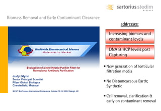 Biomass Removal and Early Contaminant Clearance
                                                            addresses:

                                                     Increasing biomass and
                                                     contaminant levels

                                                     DNA & HCP levels post
                                                     Capturing

                                                  • New generation of lenticular
                                                    filtration media

                                                  • No Diatomeaceous Earth;
                                                    Synthetic

                                                  • Cell removal, clarification &
                                                    early on contaminant removal
 