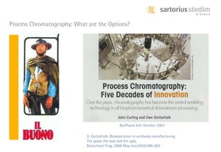 Process Chromatography: What are the Options?




                                               John Curling and Uwe Gottschalk

                                                BioPharm Intl. October 2007

                            U. Gottschalk. Bioseparation in antibody manufacturing:
                            The good, the bad and the ugly.
                            Biotechnol Prog. 2008 May-Jun;24(3):496-503.
 