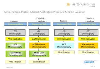 Medarex: Non-Protein A based Purification Processes: Scheme Evolution

                              2 columns +                               1 column +
        3 columns             1 membrane         2 columns              1 membrane
    Unprocessed Bulk     Unprocessed Bulk     Unprocessed Bulk     Unprocessed Bulk


           CEX                CEX                  CEX                  CEX
      Chromatography     Chromatography       Chromatography       Chromatography

    Viral Inactivation   Viral Inactivation   Viral Inactivation   Viral Inactivation

         AEX             AEX Membrane              HCIC             AEX Membrane
    Chromatography       chromatography       Chromatography       Chromatography

       Mixed Mode          Mixed Mode          Viral Filtration     Viral Filtration
     chromatography      chromatography


      Viral Filtration    Viral Filtration

                                                                               Page 26
 Alahari 2009
 