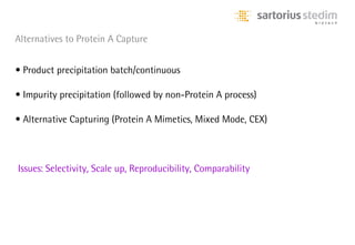 Alternatives to Protein A Capture


• Product precipitation batch/continuous

• Impurity precipitation (followed by non-Protein A process)

• Alternative Capturing (Protein A Mimetics, Mixed Mode, CEX)



Issues: Selectivity, Scale up, Reproducibility, Comparability
 