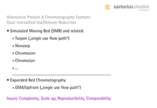 Alternative Protein A Chromatography Formats:
Goal: Intensified Use/Volume Reduction
• Simulated Moving Bed (SMB) and related:
   » Tarpon („single use flow path“)
   » Novasep
   » Chromacon
   » Chromatan
   » ...
   ______________________________________________________________________

• Expanded Bed Chromatography
   » DSM/Upfront („single use flow path“)

Issues: Complexity, Scale up, Reproducibility, Comparability
 