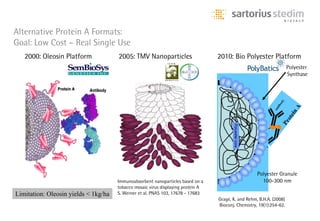 Alternative Protein A Formats:
Goal: Low Cost – Real Single Use
   2000: Oleosin Platform             2005: TMV Nanoparticles                     2010: Bio Polyester Platform
                                                                                                                      Polyester
                                                                                                                      Synthase




                                                                                                     Polyester Granule
                                      Immunoabsorbent nanoparticles based on a                         100-300 nm
                                      tobacco mosaic virus displaying protein A
Limitation: Oleosin yields < 1kg/ha   S. Werner et al. PNAS 103, 17678 - 17683
                                                                                  Grage, K. and Rehm, B.H.A. (2008)
                                                                                  Bioconj. Chemistry, 19(1):254-62.
 