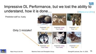 https://mvp.in.tum.de Machine Vision and Perception Group ShanghAI Lectures, Dec 10, 2020
Impressive DL Performance, but we lost the ability to
understand, how it is done…
15
Prediction wolf vs. husky
[ Ribeiro et al. 2016 ]
 