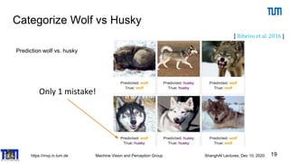 https://mvp.in.tum.de Machine Vision and Perception Group ShanghAI Lectures, Dec 10, 2020
Categorize Wolf vs Husky
19
Prediction wolf vs. husky
[ Ribeiro et al. 2016 ]
 