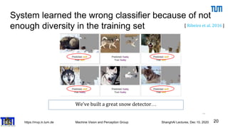 https://mvp.in.tum.de Machine Vision and Perception Group ShanghAI Lectures, Dec 10, 2020
System learned the wrong classifier because of not
enough diversity in the training set
20
[ Ribeiro et al. 2016 ]
 
