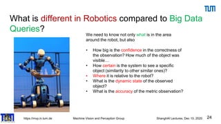https://mvp.in.tum.de Machine Vision and Perception Group ShanghAI Lectures, Dec 10, 2020
What is different in Robotics compared to Big Data
Queries?
24
We need to know not only what is in the area
around the robot, but also
• How big is the confidence in the correctness of
the observation? How much of the object was
visible…
• How certain is the system to see a specific
object (similarity to other similar ones)?
• Where it is relative to the robot?
• What is the dynamic state of the observed
object?
• What is the accuracy of the metric observation?
 