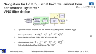 https://mvp.in.tum.de Machine Vision and Perception Group ShanghAI Lectures, Dec 10, 2020
25
Navigation for Control – what have we learned from
conventional systems?
VINS filter design
[Schmid et al. IROS 2012]
Synchronization of real-time and non realtime modules by sensor hardware trigger
Direct system state:
High rate calculation by „Strap Down Algorithm“ (SDA)
Indirect system state:
Estimation by indirect Extended Kalman Filter (EKF)
 