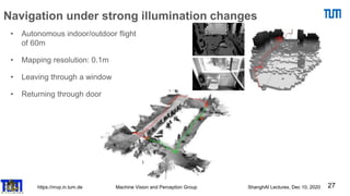 https://mvp.in.tum.de Machine Vision and Perception Group ShanghAI Lectures, Dec 10, 2020 27
Navigation under strong illumination changes
• Autonomous indoor/outdoor flight
of 60m
• Mapping resolution: 0.1m
• Leaving through a window
• Returning through door
 