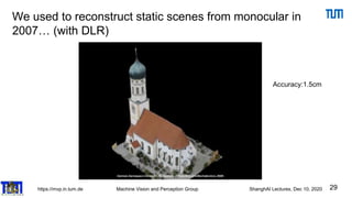 https://mvp.in.tum.de Machine Vision and Perception Group ShanghAI Lectures, Dec 10, 2020
We used to reconstruct static scenes from monocular in
2007… (with DLR)
29
Accuracy:1.5cm
 