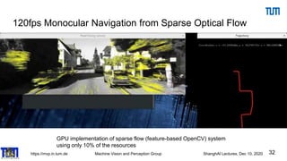 https://mvp.in.tum.de Machine Vision and Perception Group ShanghAI Lectures, Dec 10, 2020
120fps Monocular Navigation from Sparse Optical Flow
32
GPU implementation of sparse flow (feature-based OpenCV) system
using only 10% of the resources
 