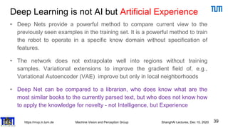 https://mvp.in.tum.de Machine Vision and Perception Group ShanghAI Lectures, Dec 10, 2020
Deep Learning is not AI but Artificial Experience
• Deep Nets provide a powerful method to compare current view to the
previously seen examples in the training set. It is a powerful method to train
the robot to operate in a specific know domain without specification of
features.
• The network does not extrapolate well into regions without training
samples. Variational extensions to improve the gradient field of, e.g.,
Variational Autoencoder (VAE) improve but only in local neighborhoods
• Deep Net can be compared to a librarian, who does know what are the
most similar books to the currently parsed text, but who does not know how
to apply the knowledge for novelty - not Intelligence, but Experience
39
 
