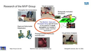 https://mvp.in.tum.de Machine Vision and Perception Group ShanghAI Lectures, Dec 10, 2020
MVP
Research of the MVP Group
The Machine Vision and
Perception Group @TUM works
on the aspects of visual
perception and control in
medical, mobile, and HCI
applications
Visual navigation
Biologically motivated
perception
Perception for manipulation
Visual Action AnalysisPhotogrammetric monocular
reconstruction
Rigid and Deformable
Registration
 