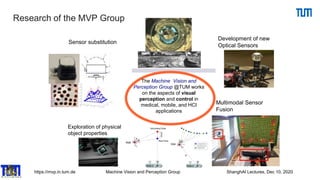 https://mvp.in.tum.de Machine Vision and Perception Group ShanghAI Lectures, Dec 10, 2020
Research of the MVP Group
Exploration of physical
object properties
Sensor substitution
Multimodal Sensor
Fusion
Development of new
Optical Sensors
The Machine Vision and
Perception Group @TUM works
on the aspects of visual
perception and control in
medical, mobile, and HCI
applications
 