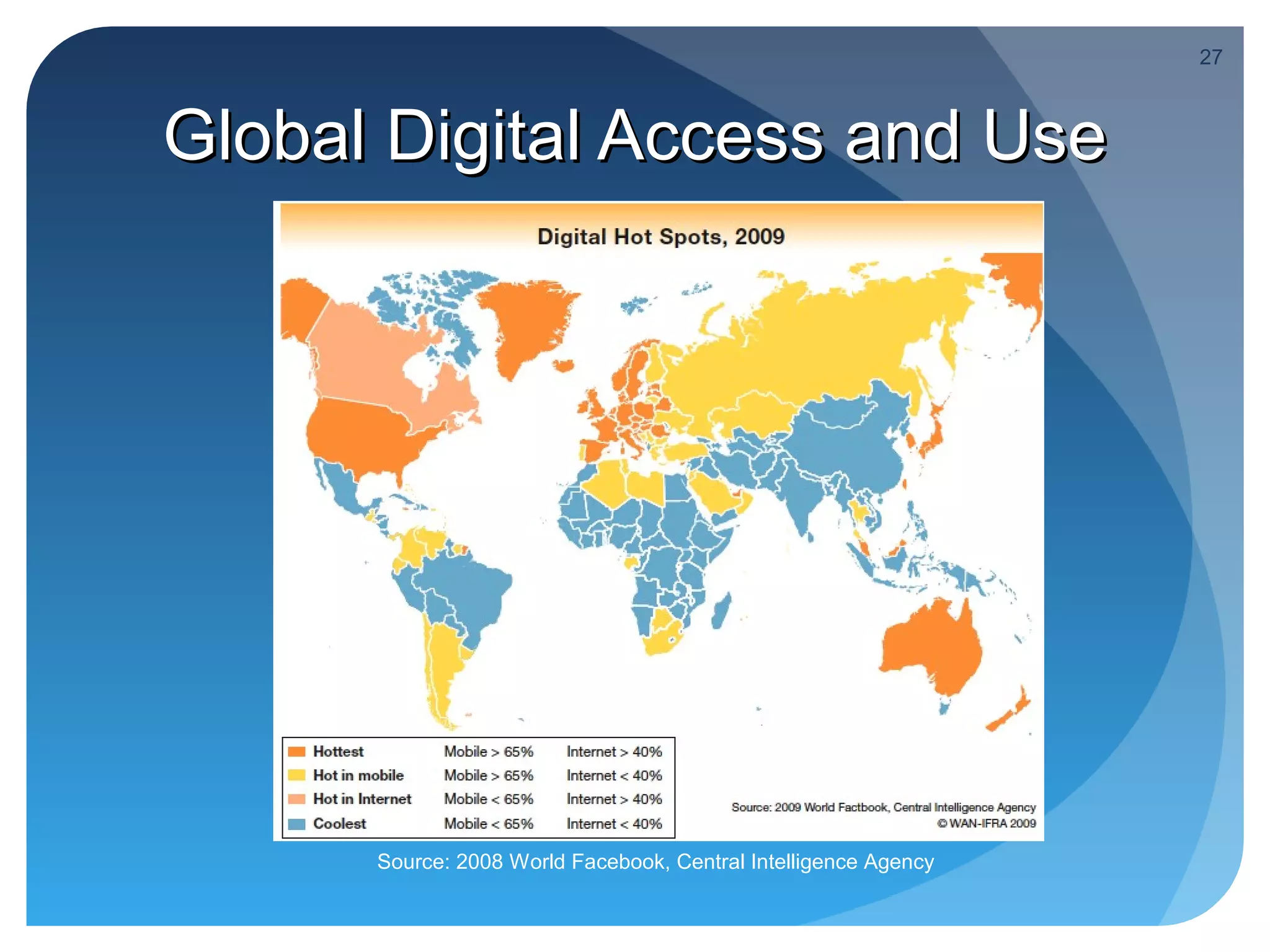 27



Global Digital Access and Use




      Source: 2008 World Facebook, Central Intelligence Agency
 