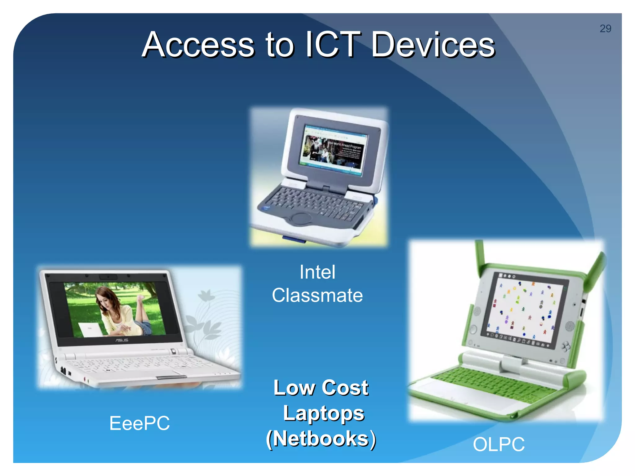 29

  Access to ICT Devices




            Intel
         Classmate



          Low Cost
EeePC
           Laptops
         (Netbooks)   OLPC
 