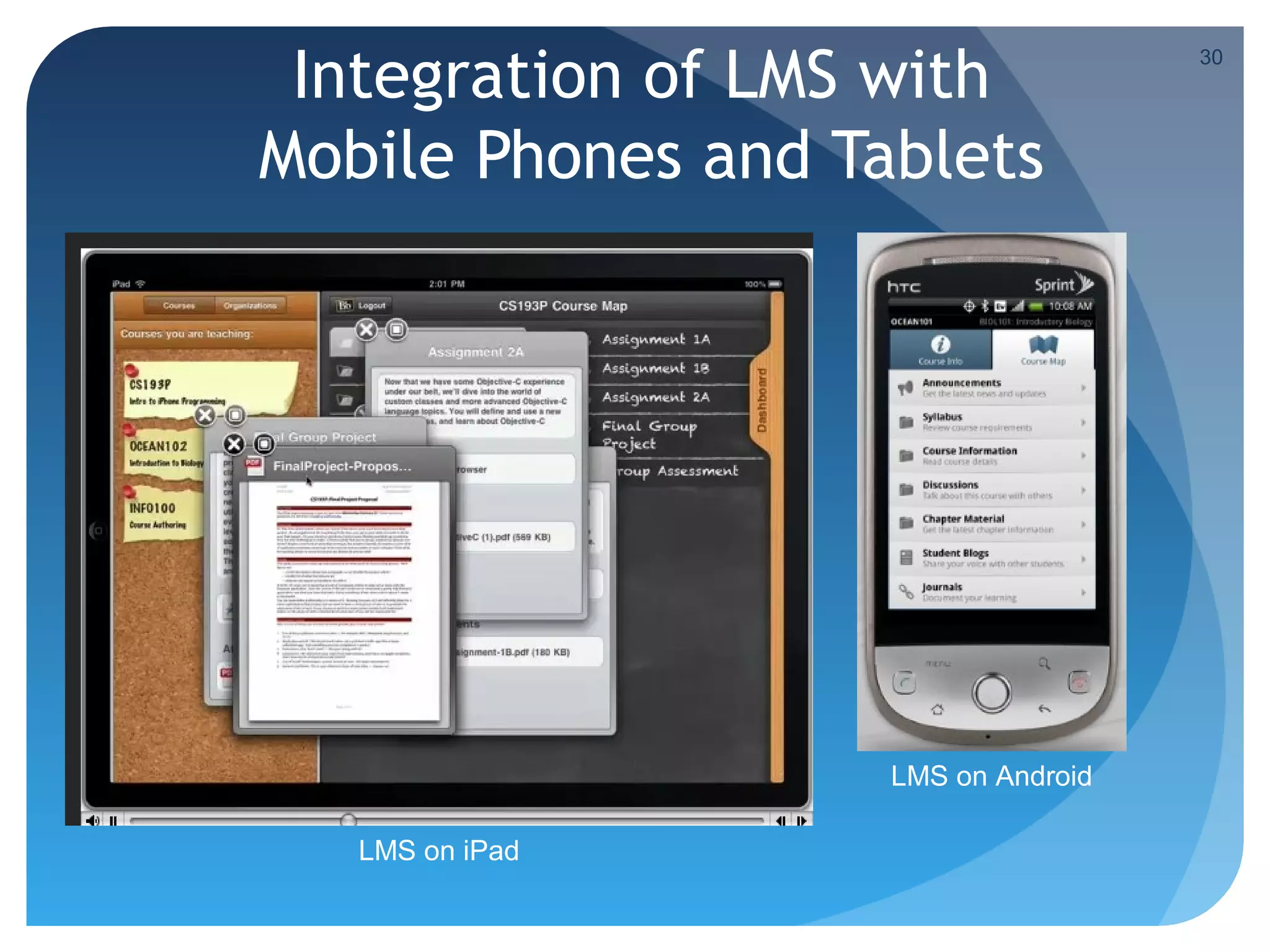 Integration of LMS with             30




Mobile Phones and Tablets




                    LMS on Android

   LMS on iPad
 