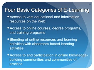 14



Four Basic Categories of E-Learning
 Access to vast educational and information
  resources on the Web
 Access  to online courses, degree programs,
  and training programs
 Blending   of online resources and learning
  activities with classroom-based learning
  activities
 Access   to and participation in online knowledge-
  building communities and communities of
  practice
 