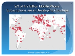 35

    2/3 of 4.9 Billion Mobile Phone
Subscriptions are in Developing Countries




              Source: World Bank 2010
 