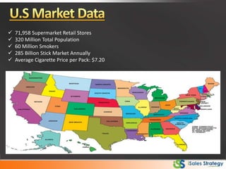  71,958 Supermarket Retail Stores
 320 Million Total Population
 60 Million Smokers
 285 Billion Stick Market Annually
 Average Cigarette Price per Pack: $7.20
 