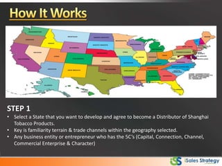 STEP 1
• Select a State that you want to develop and agree to become a Distributor of Shanghai
Tobacco Products.
• Key is familiarity terrain & trade channels within the geography selected.
• Any business entity or entrepreneur who has the 5C’s (Capital, Connection, Channel,
Commercial Enterprise & Character)
 
