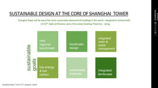 shanghaitower |msre 517 property report
上海中心大廈SHANGHAI
ShanghaiTowerwill beoneofthemost sustainably advancedtall buildingsinthe world—designedto achieveboth
LEED® Goldcertification anda ChinaGreenBuildingThreeStar rating
SUSTAINABLE DESIGN AT THE CORE OFSHANGHAI TOWER
new
regional
benchmark
bioclimatic
design
integrated
water &
waste
management
low energy
& low
carbon
sustainable
materials
integrated
landscape
sustainable
goals
 