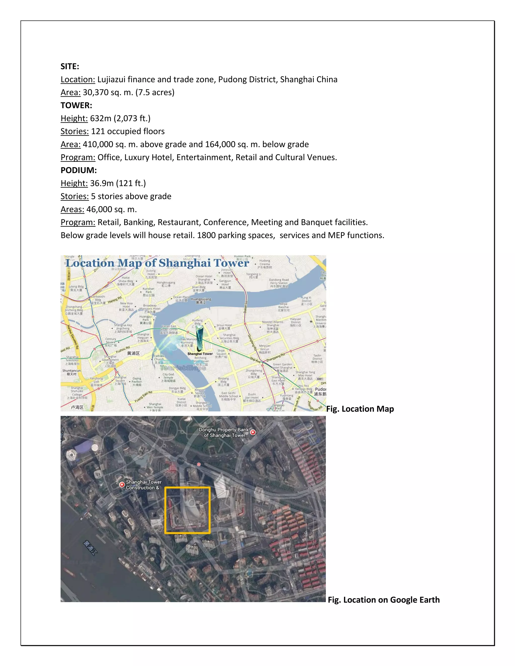 SITE:
Location: Lujiazui finance and trade zone, Pudong District, Shanghai China
Area: 30,370 sq. m. (7.5 acres)
TOWER:
Height: 632m (2,073 ft.)
Stories: 121 occupied floors
Area: 410,000 sq. m. above grade and 164,000 sq. m. below grade
Program: Office, Luxury Hotel, Entertainment, Retail and Cultural Venues.
PODIUM:
Height: 36.9m (121 ft.)
Stories: 5 stories above grade
Areas: 46,000 sq. m.
Program: Retail, Banking, Restaurant, Conference, Meeting and Banquet facilities.
Below grade levels will house retail. 1800 parking spaces, services and MEP functions.
Fig. Location Map
Fig. Location on Google Earth
 