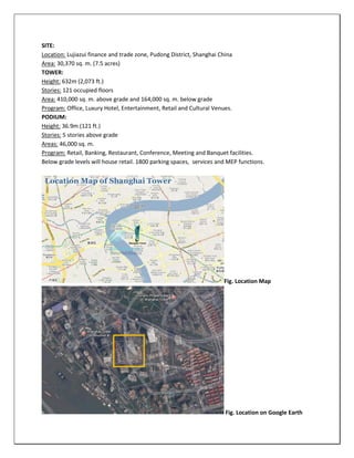 SITE:
Location: Lujiazui finance and trade zone, Pudong District, Shanghai China
Area: 30,370 sq. m. (7.5 acres)
TOWER:
Height: 632m (2,073 ft.)
Stories: 121 occupied floors
Area: 410,000 sq. m. above grade and 164,000 sq. m. below grade
Program: Office, Luxury Hotel, Entertainment, Retail and Cultural Venues.
PODIUM:
Height: 36.9m (121 ft.)
Stories: 5 stories above grade
Areas: 46,000 sq. m.
Program: Retail, Banking, Restaurant, Conference, Meeting and Banquet facilities.
Below grade levels will house retail. 1800 parking spaces, services and MEP functions.
Fig. Location Map
Fig. Location on Google Earth
 