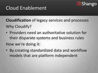 Cloud Enablement

Cloudification of legacy services and processes
Why Cloudify?
• Providers need an authoritative solution for
  their disparate systems and business rules
How we’re doing it:
• By creating standardized data and workflow
  models that are platform independent
 