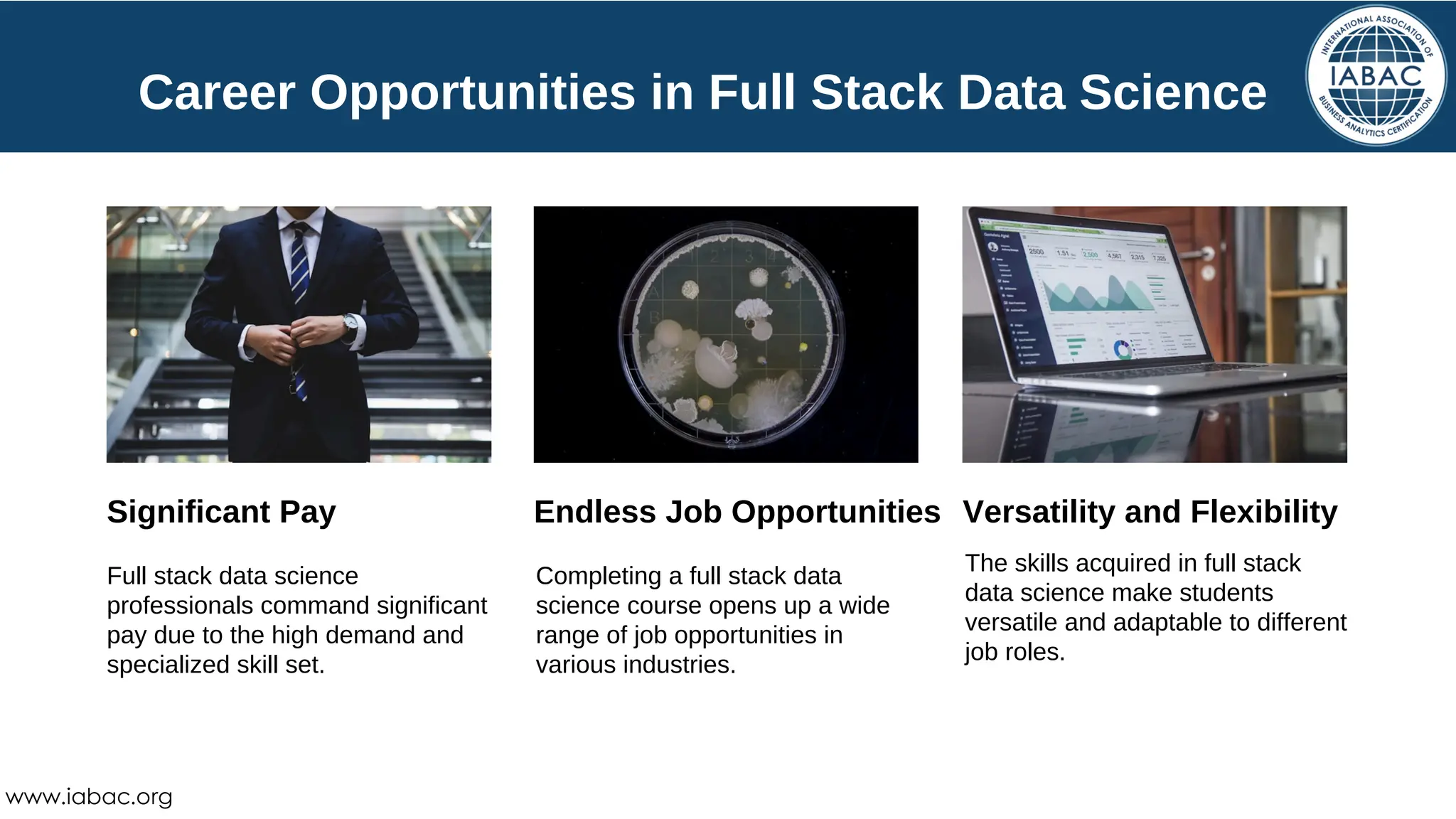 Significant Pay Endless Job Opportunities Versatility and Flexibility
Full stack data science
professionals command significant
pay due to the high demand and
specialized skill set.
Completing a full stack data
science course opens up a wide
range of job opportunities in
various industries.
The skills acquired in full stack
data science make students
versatile and adaptable to different
job roles.
Career Opportunities in Full Stack Data Science
www.iabac.org
 