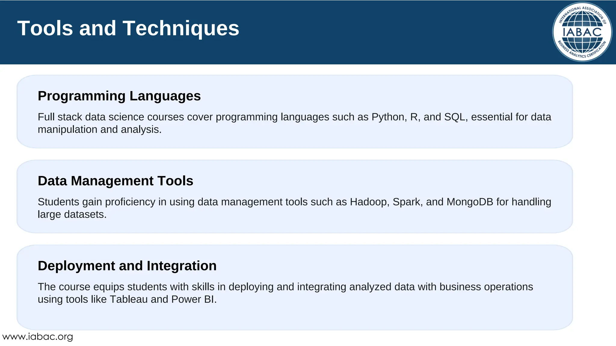 Tools and Techniques
Programming Languages
Data Management Tools
Deployment and Integration
Full stack data science courses cover programming languages such as Python, R, and SQL, essential for data
manipulation and analysis.
Students gain proficiency in using data management tools such as Hadoop, Spark, and MongoDB for handling
large datasets.
The course equips students with skills in deploying and integrating analyzed data with business operations
using tools like Tableau and Power BI.
www.iabac.org
 