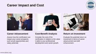 Career Impact and Cost
Career Advancement Cost-Benefit Analysis Return on Investment
Assess how the certification can
impact your career prospects,
such as job opportunities and
salary potential.
Consider the cost of the
certification in relation to the value
it adds to your professional
development and career growth.
Evaluate the potential return on
investment in terms of career
advancement and skill
enhancement.
www.iabac.org
 