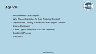 Introduction to Data Analytics
Why Choose Bangalore for Data Analytics Courses?
Top Institutes Offering Specialized Data Analytics Courses
Course Curriculum
Career Opportunities Post-Course Completion
Enrollment Process
Conclusion
Agenda
www.iabac.org
 