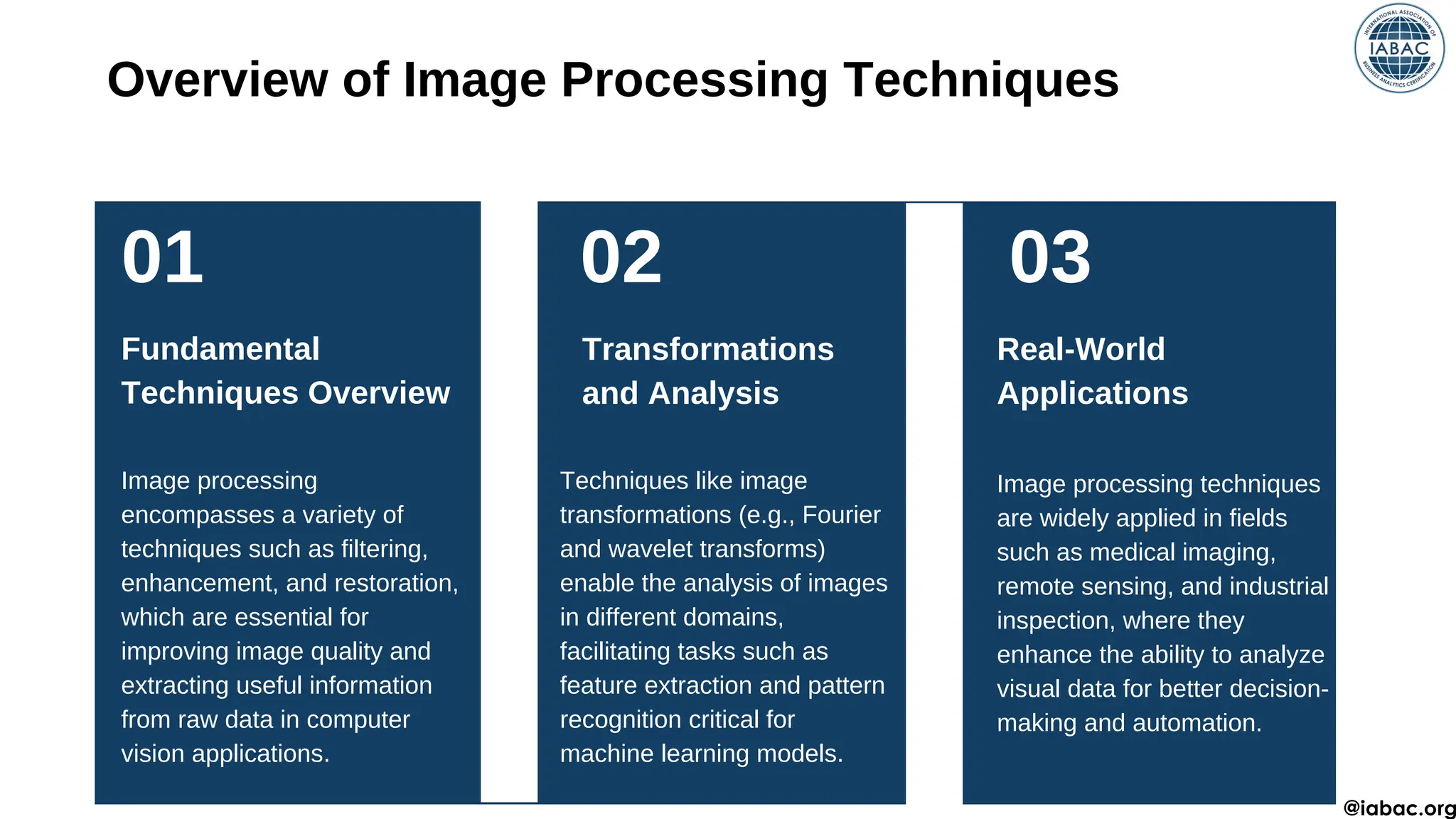 01 02 03
Overview of Image Processing Techniques
Fundamental
Techniques Overview
Transformations
and Analysis
Real-World
Applications
Image processing
encompasses a variety of
techniques such as filtering,
enhancement, and restoration,
which are essential for
improving image quality and
extracting useful information
from raw data in computer
vision applications.
Techniques like image
transformations (e.g., Fourier
and wavelet transforms)
enable the analysis of images
in different domains,
facilitating tasks such as
feature extraction and pattern
recognition critical for
machine learning models.
Image processing techniques
are widely applied in fields
such as medical imaging,
remote sensing, and industrial
inspection, where they
enhance the ability to analyze
visual data for better decision-
making and automation.
@iabac.org
 