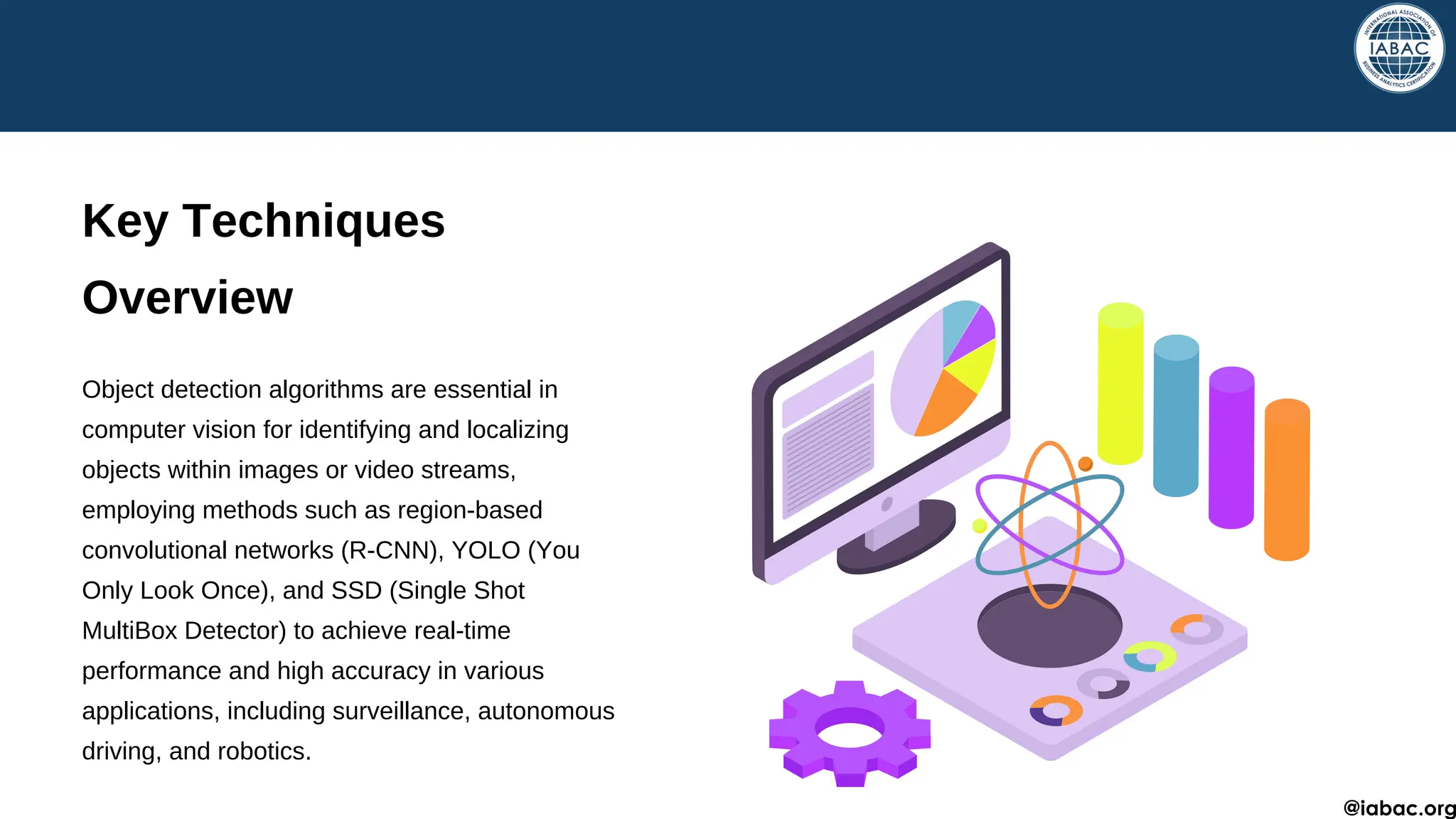 Key Techniques
Overview
Object detection algorithms are essential in
computer vision for identifying and localizing
objects within images or video streams,
employing methods such as region-based
convolutional networks (R-CNN), YOLO (You
Only Look Once), and SSD (Single Shot
MultiBox Detector) to achieve real-time
performance and high accuracy in various
applications, including surveillance, autonomous
driving, and robotics.
@iabac.org
 