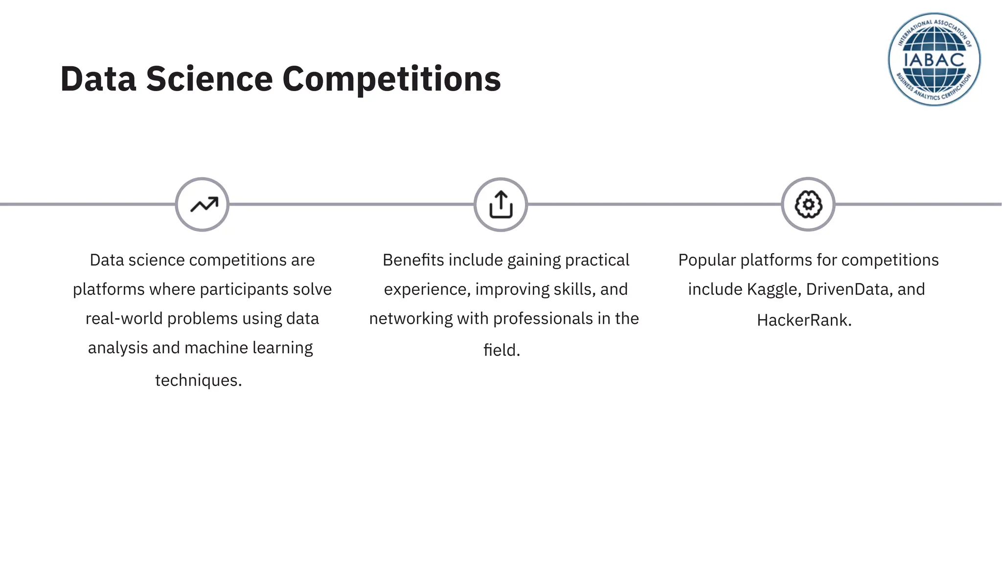 Data science competitions are
platforms where participants solve
real-world problems using data
analysis and machine learning
techniques.
Beneﬁts include gaining practical
experience, improving skills, and
networking with professionals in the
ﬁeld.
Popular platforms for competitions
include Kaggle, DrivenData, and
HackerRank.
Data Science Competitions
 