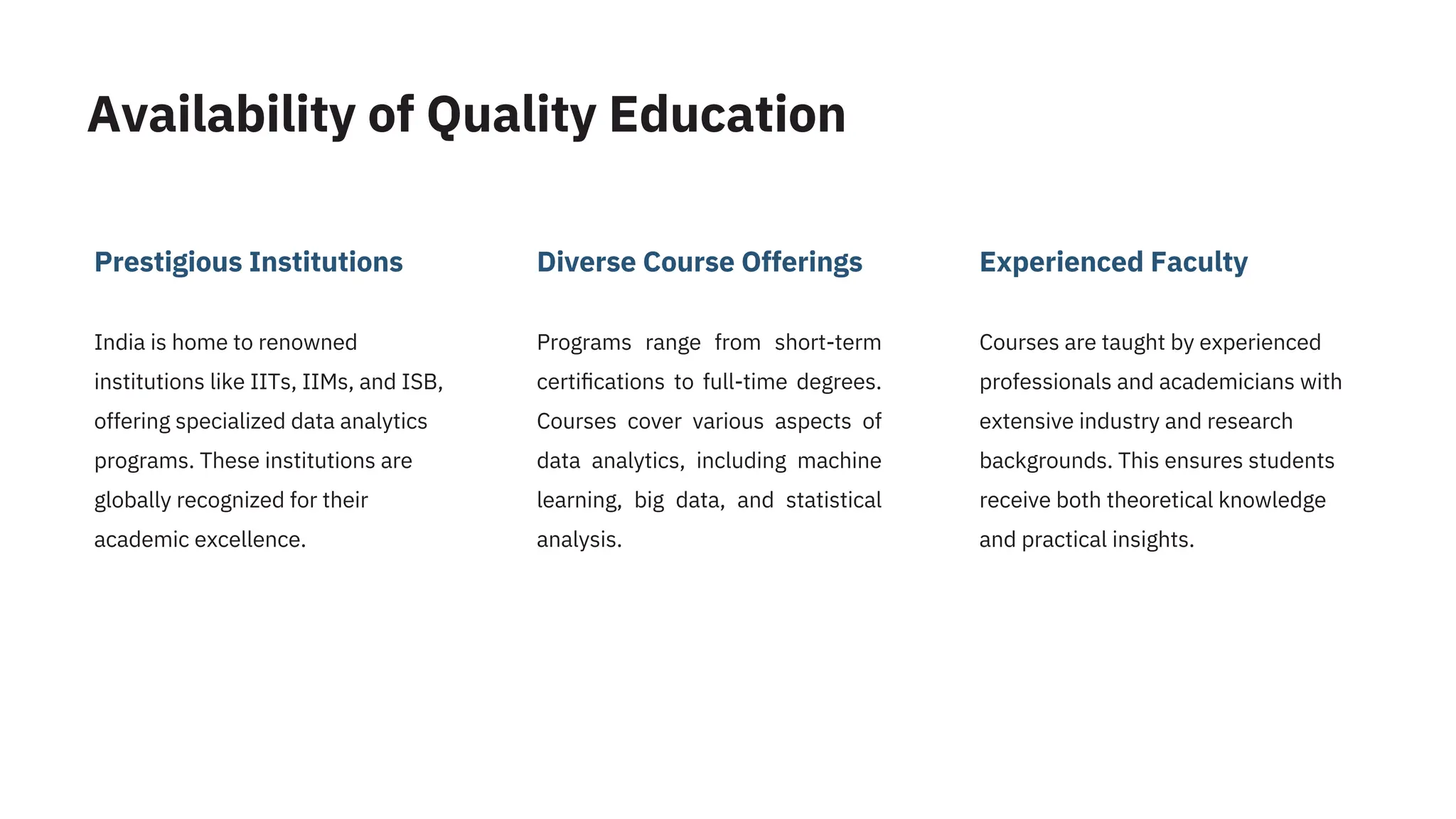 Prestigious Institutions Diverse Course Offerings Experienced Faculty
India is home to renowned
institutions like IITs, IIMs, and ISB,
offering specialized data analytics
programs. These institutions are
globally recognized for their
academic excellence.
Programs range from short-term
certiﬁcations to full-time degrees.
Courses cover various aspects of
data analytics, including machine
learning, big data, and statistical
analysis.
Courses are taught by experienced
professionals and academicians with
extensive industry and research
backgrounds. This ensures students
receive both theoretical knowledge
and practical insights.
Availability of Quality Education
 