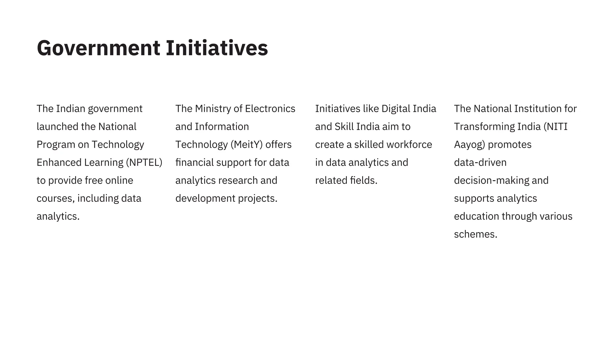 Government Initiatives
The Indian government
launched the National
Program on Technology
Enhanced Learning (NPTEL)
to provide free online
courses, including data
analytics.
The Ministry of Electronics
and Information
Technology (MeitY) offers
ﬁnancial support for data
analytics research and
development projects.
Initiatives like Digital India
and Skill India aim to
create a skilled workforce
in data analytics and
related ﬁelds.
The National Institution for
Transforming India (NITI
Aayog) promotes
data-driven
decision-making and
supports analytics
education through various
schemes.
 